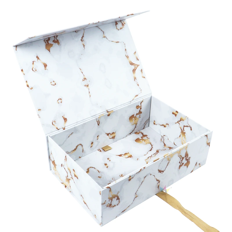 White Marble Folding Magnetic Gift Box with Ribbon